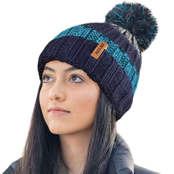 Rock Jock Thermal Insulating Striped Beanie Bobble Hat with Cosy Fleece Lining