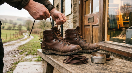 Brown leather walking boots being laced on a wooden bench, with spare laces and a tin of wax beside them