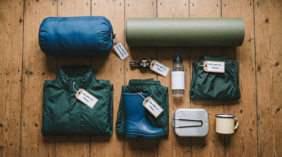 A child's cub camp kit laid out on a wooden floor: sleeping bag, roll mat, head torch, water bottle, waterproofs, wellies and a mess tin