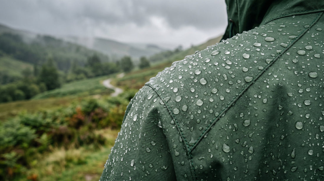 Rain beading on the shoulder of a green waterproof jacket, with a wet hillside blurred behind