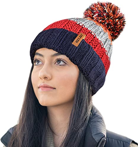 Rock Jock Thermal Insulating Striped Beanie Bobble Hat with Cosy Fleece Lining – red