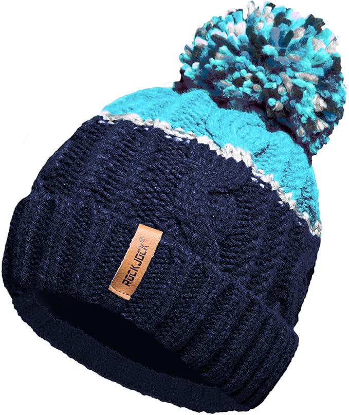 Rock Jock Thermal Insulating Striped Beanie Bobble Hat with Cosy Fleece Lining