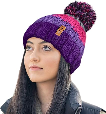 Rock Jock Mens Ladies Thermal Insulating Striped Beanie Bobble Hat with Cosy Fleece Lining