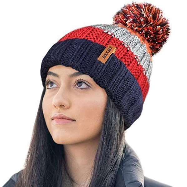 Rock Jock Thermal Insulating Striped Beanie Bobble Hat with Cosy Fleece Lining
