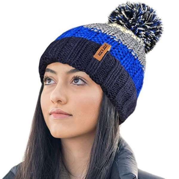 Rock Jock Thermal Insulating Striped Beanie Bobble Hat with Cosy Fleece Lining