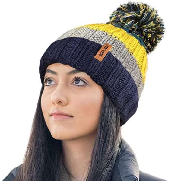 Rock Jock Thermal Insulating Striped Beanie Bobble Hat with Cosy Fleece Lining
