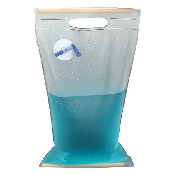 A collapsible 10 litre water carrier with tap and carry handle.