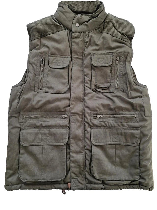 Mens Stalker Body Warmer Multi Pockted Waistcoat Fishing Hunting Corduroy Shoulder